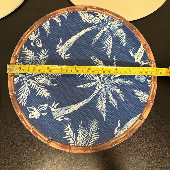 Members Mark Tropical Ikat Melamine Plate Set of 5 Blue Palm Tree Bamboo Trim - Picture 9 of 9